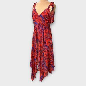 Alexis Midi Dress S Red Blue Tie Shoulder Asymmetric Hem EUC Tropical Target
